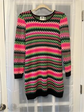 Milly Minis 100% Merino Wool Fair Isle Sweater Dress Pink Green Girls XL - 12 14